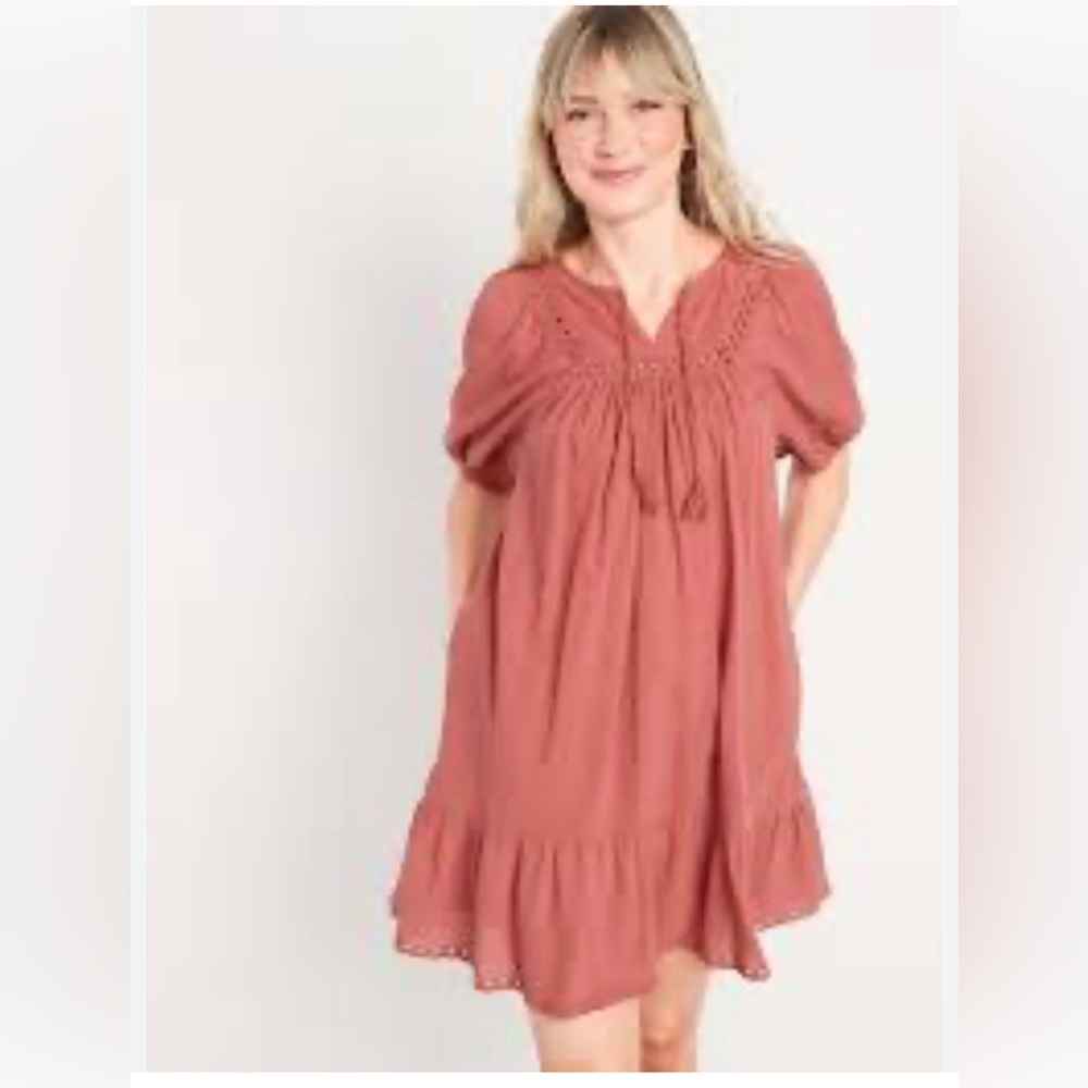 Old Navy Puff-Sleeve Tie-Neck Eyelet Mini Swing Dress for Women size XS petite